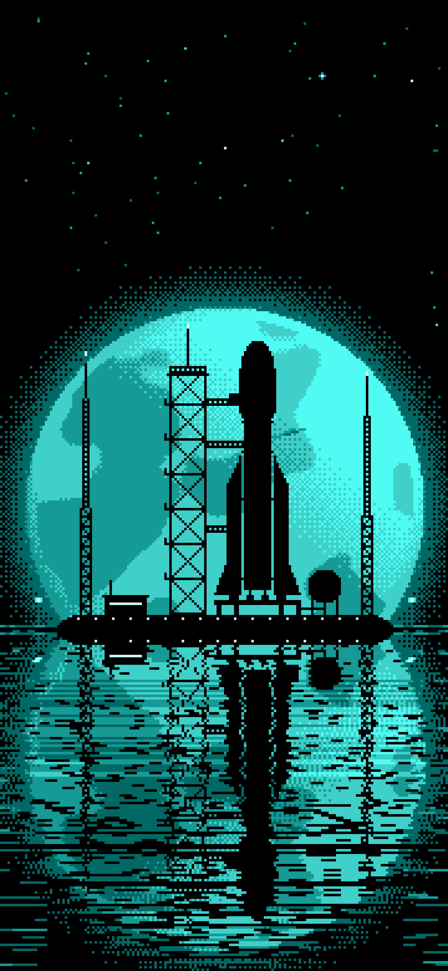 Turquoise Pixel Art Rocket and Full Moon wallpaper for iPhone and Android