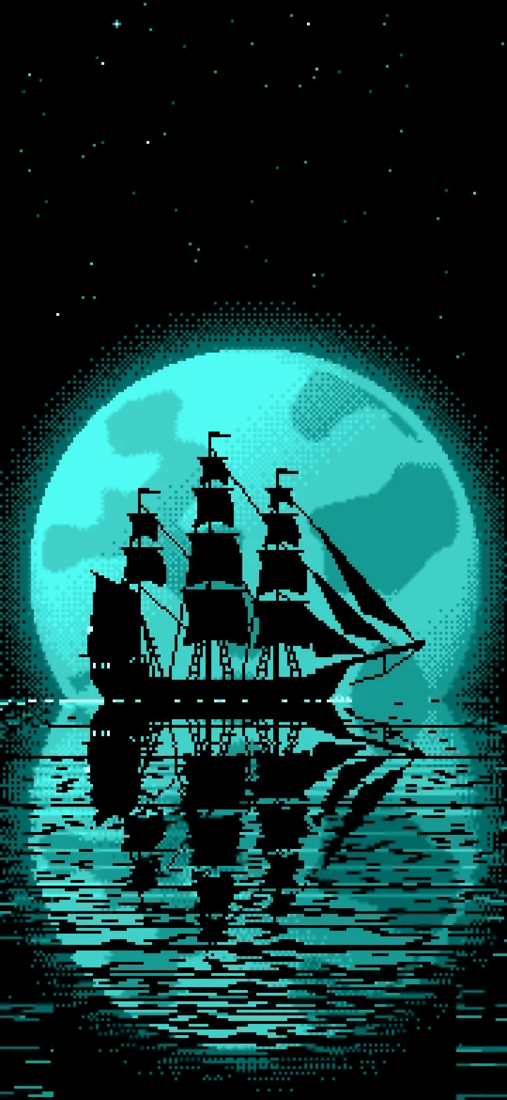 Turquoise Pixel Art Sailing Ship and Full Moon wallpaper for iPhone and Android