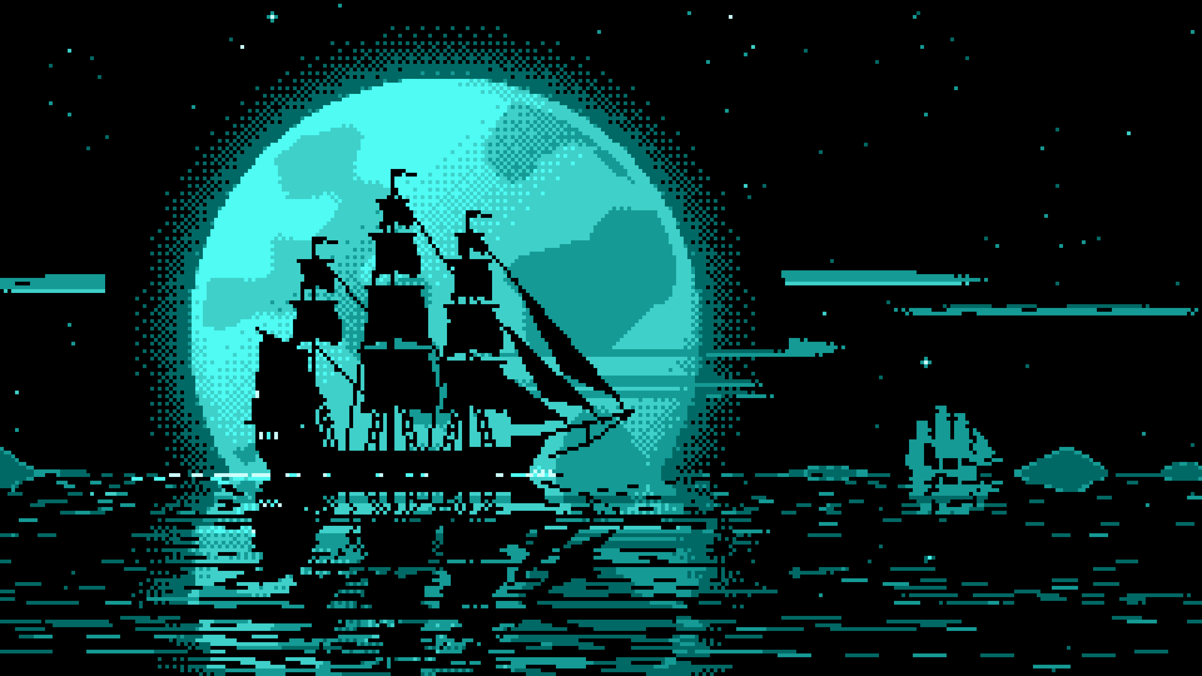 Turquoise Pixel Art Sailing Ship and Full Moon desktop wallpaper in 4K