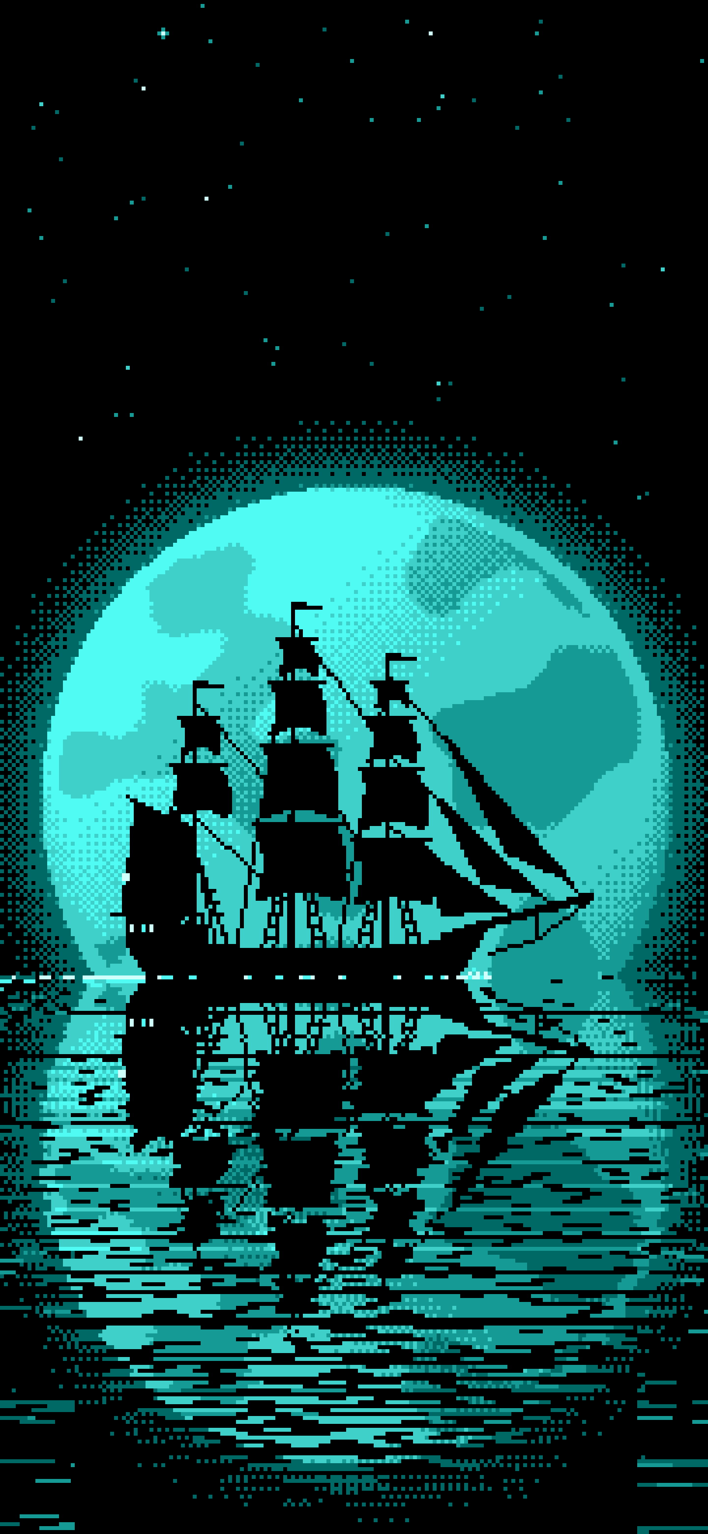 Turquoise Pixel Art Sailing Ship and Full Moon wallpaper for iPhone and Android