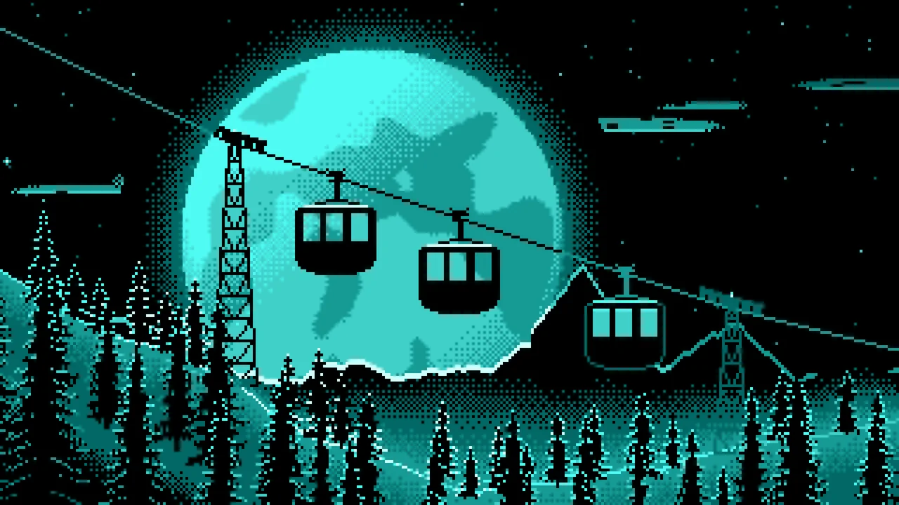 Turquoise Pixel Art Ski Gondola and Full Moon desktop wallpaper in 4K
