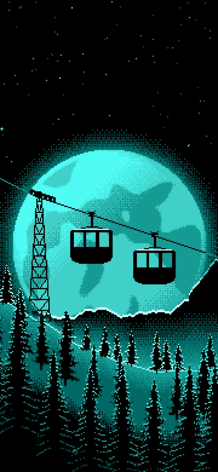 Turquoise Pixel Art Ski Gondola and Full Moon wallpaper for iPhone and Android