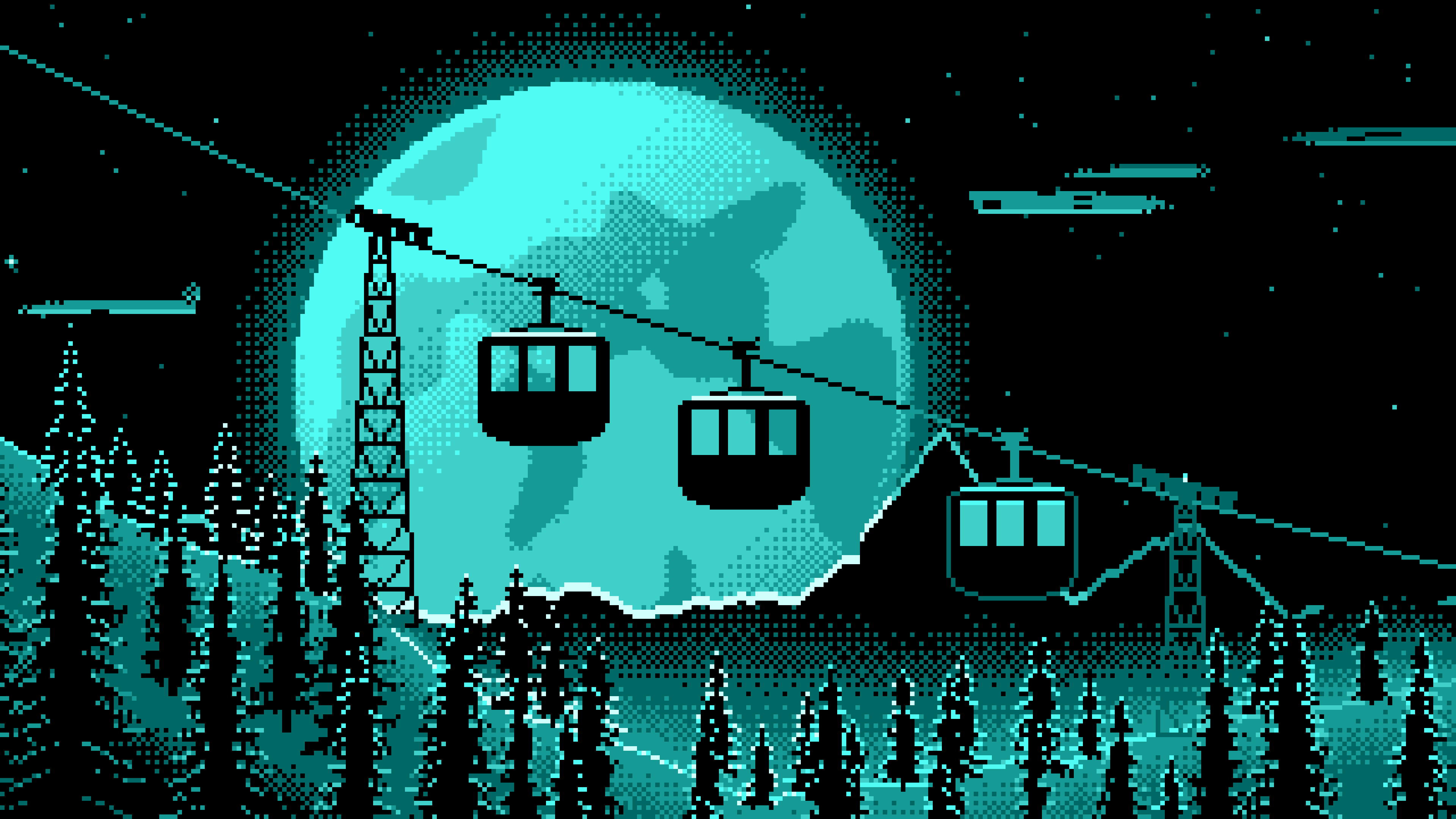Turquoise Pixel Art Ski Gondola and Full Moon desktop wallpaper in 4K