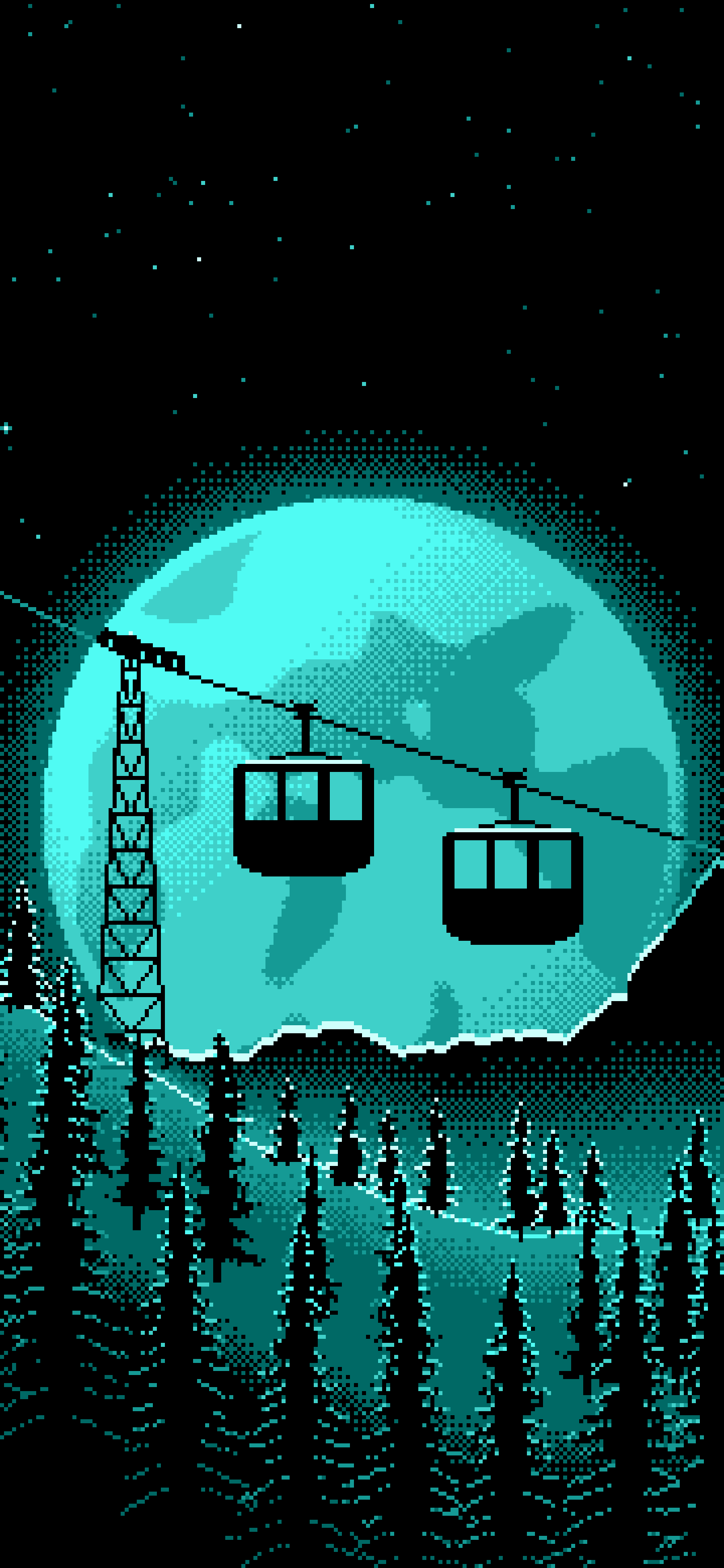 Turquoise Pixel Art Ski Gondola and Full Moon wallpaper for iPhone and Android