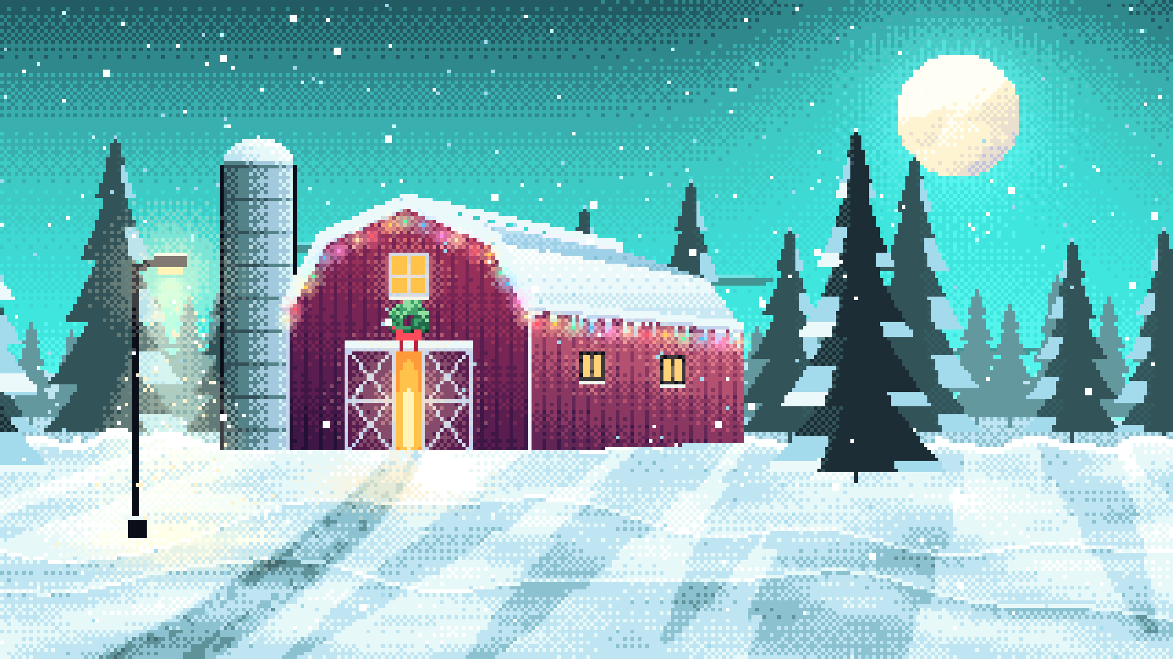 Turquoise Pixel Art Snowy Barn with Christmas Lights desktop wallpaper in 4K
