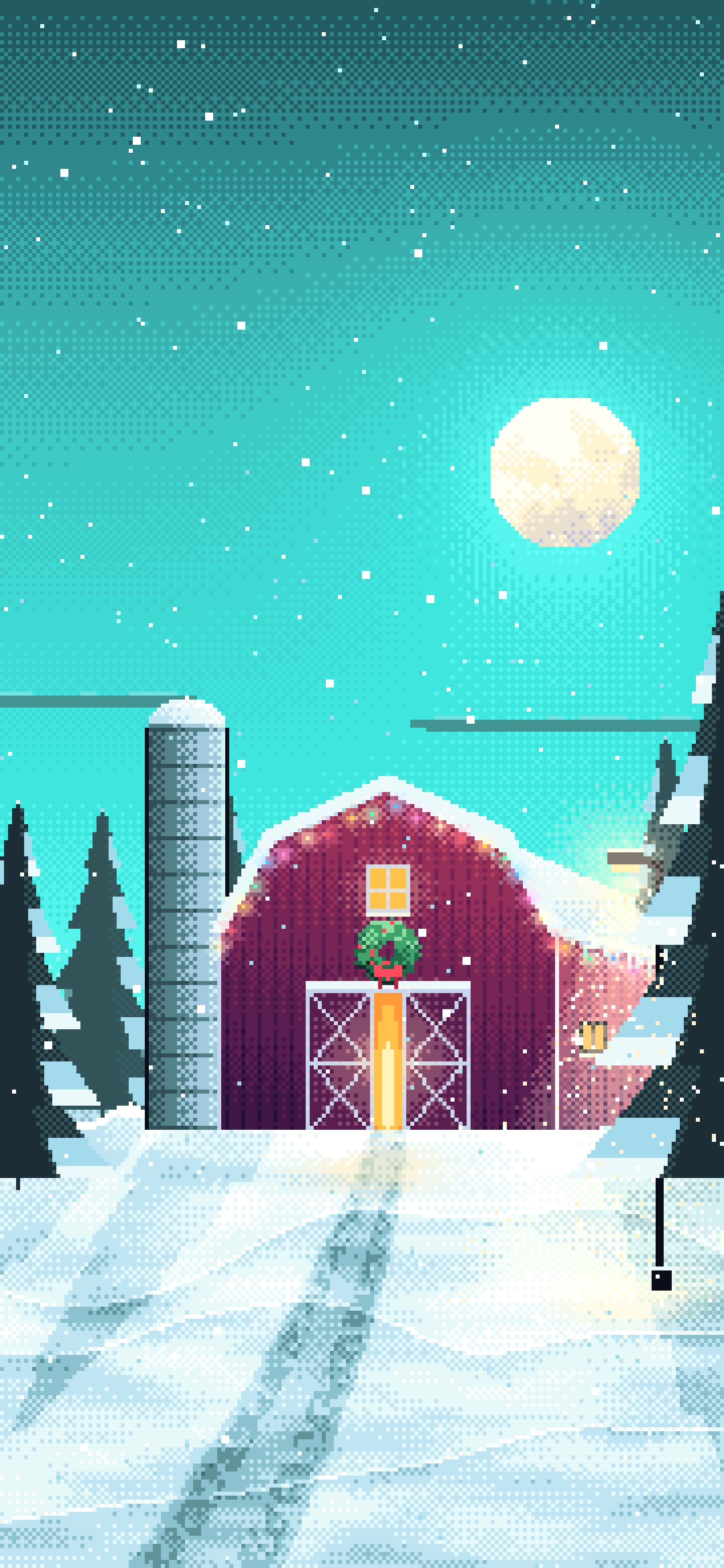 Turquoise Pixel Art Snowy Barn with Christmas Lights wallpaper for iPhone and Android