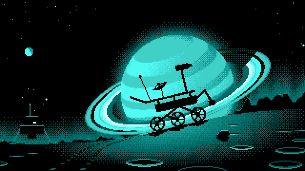 Turquoise Pixel Art Space Rover and Ringed Planet desktop wallpaper in 4K