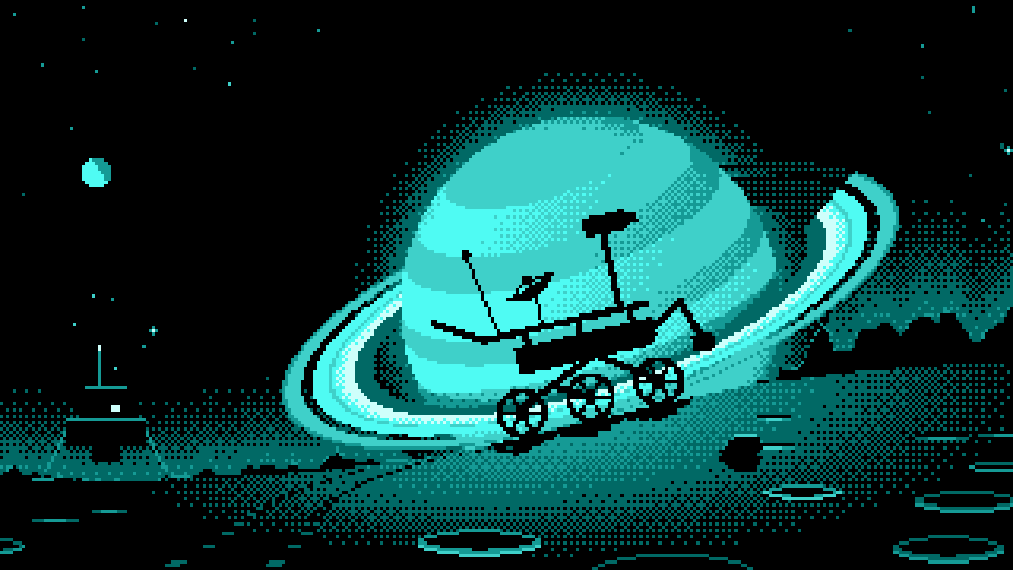 Turquoise Pixel Art Space Rover and Ringed Planet desktop wallpaper in 4K