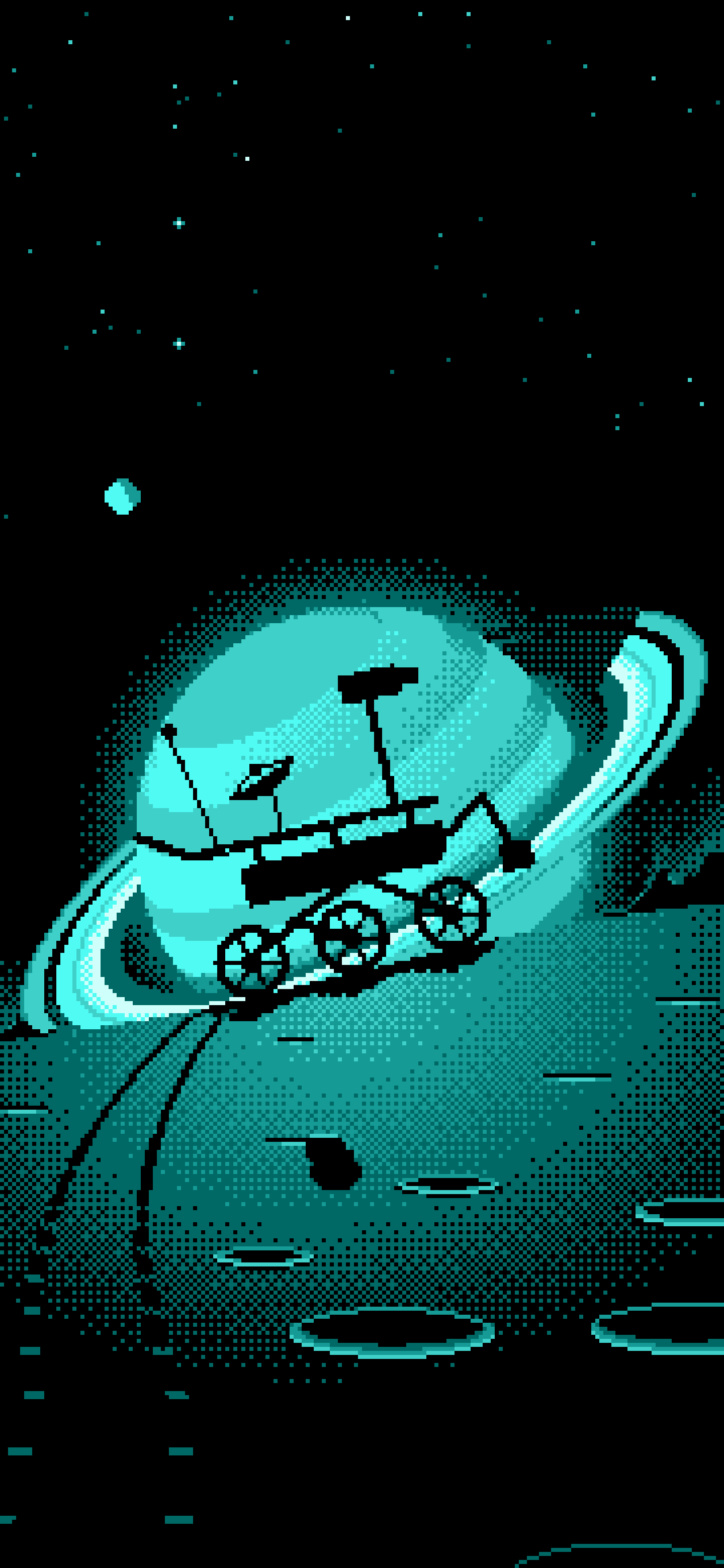 Turquoise Pixel Art Space Rover and Ringed Planet wallpaper for iPhone and Android