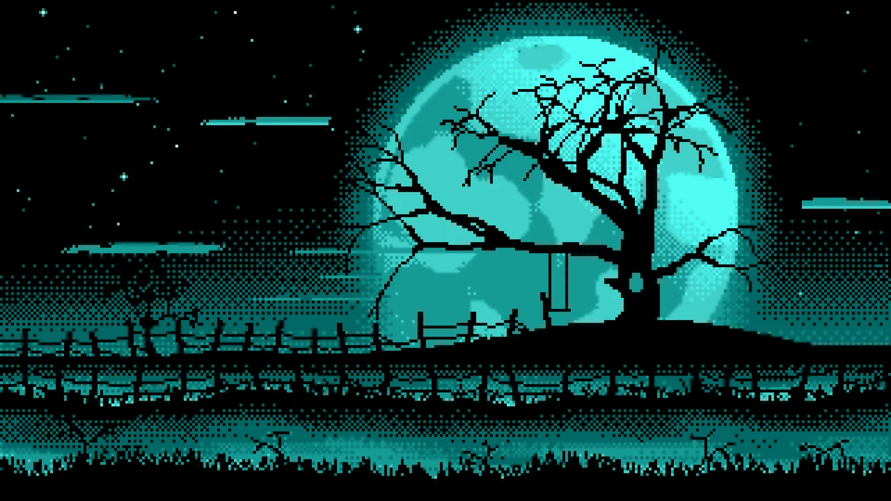Turquoise Pixel Art Spooky Tree and Full Moon desktop wallpaper in 4K