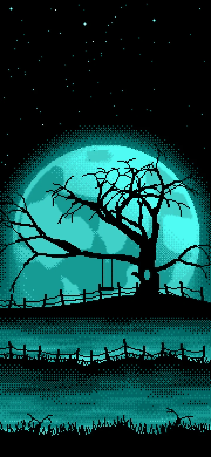 Turquoise Pixel Art Spooky Tree and Full Moon wallpaper for iPhone and Android
