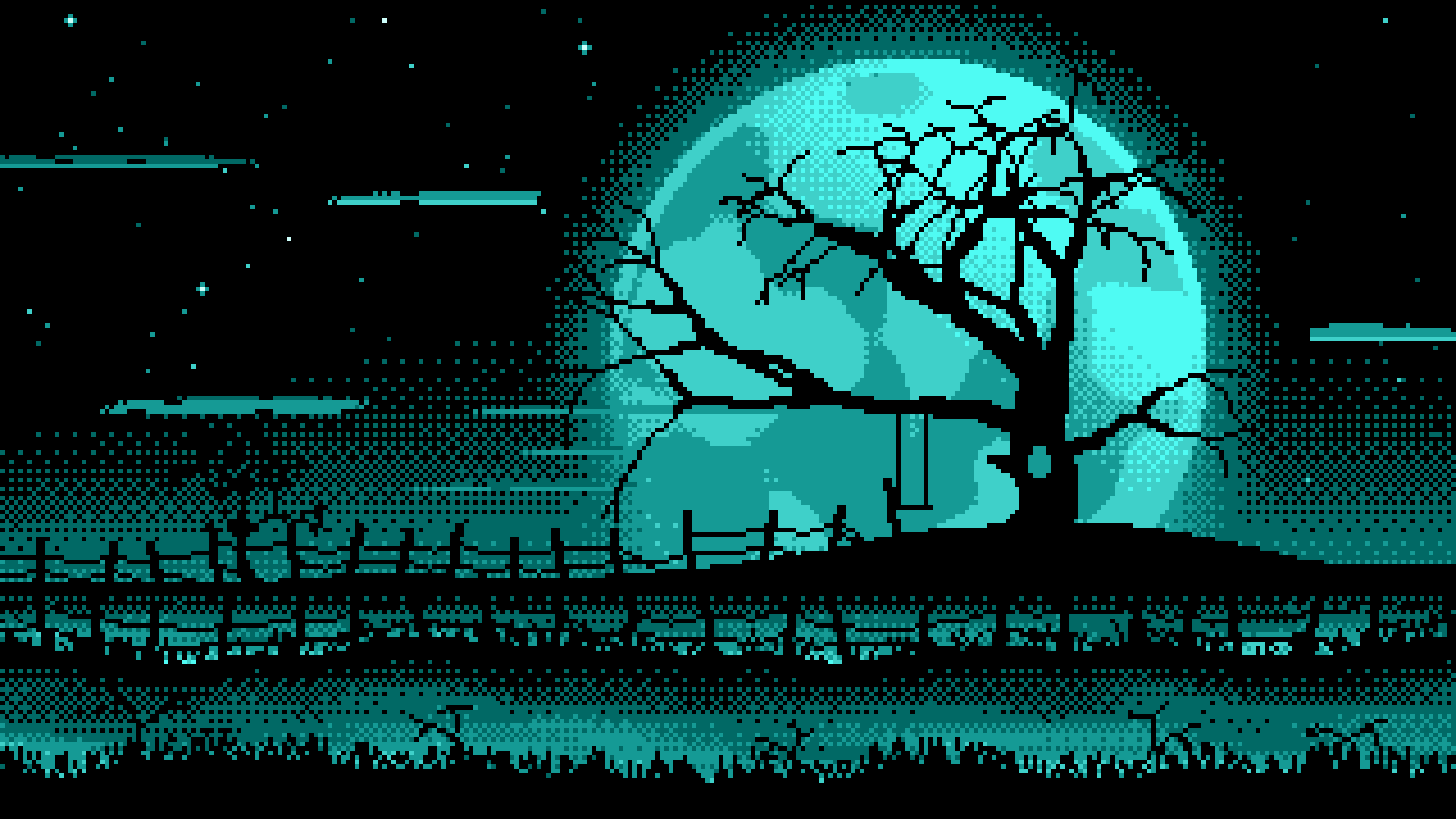 Turquoise Pixel Art Spooky Tree and Full Moon desktop wallpaper in 4K