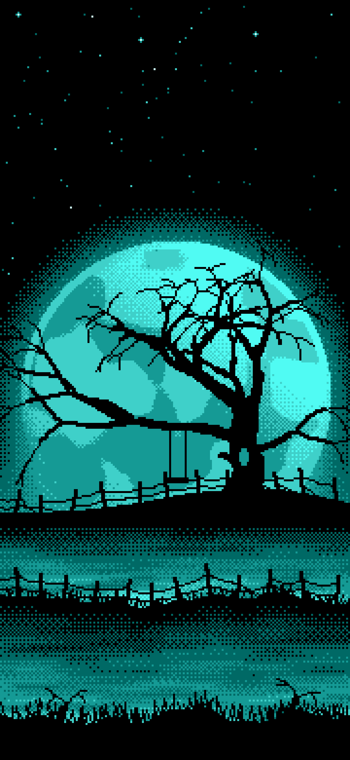 Turquoise Pixel Art Spooky Tree and Full Moon wallpaper for iPhone and Android