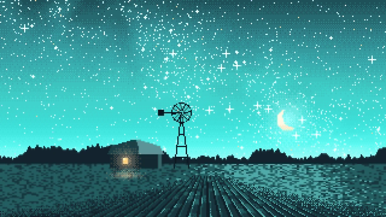 Turquoise Pixel Art Starry Night Sky Over a Field desktop wallpaper in 4K