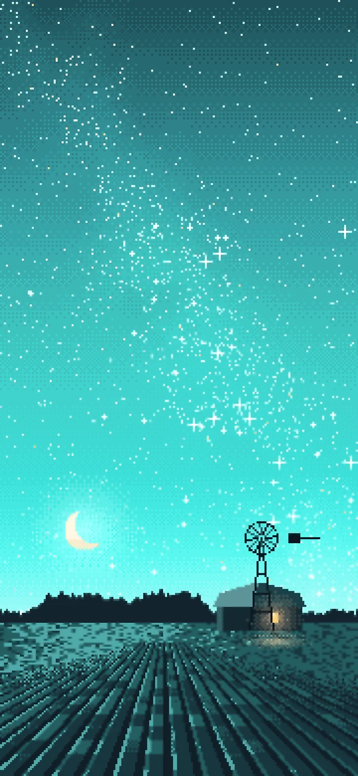 Turquoise Pixel Art Starry Night Sky Over a Field wallpaper for iPhone and Android