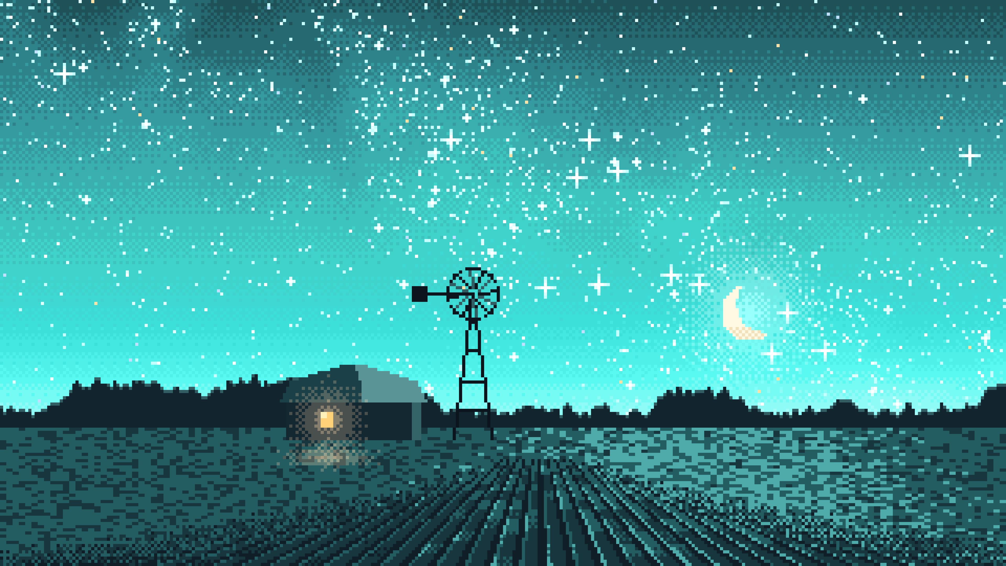 Turquoise Pixel Art Starry Night Sky Over a Field desktop wallpaper in 4K