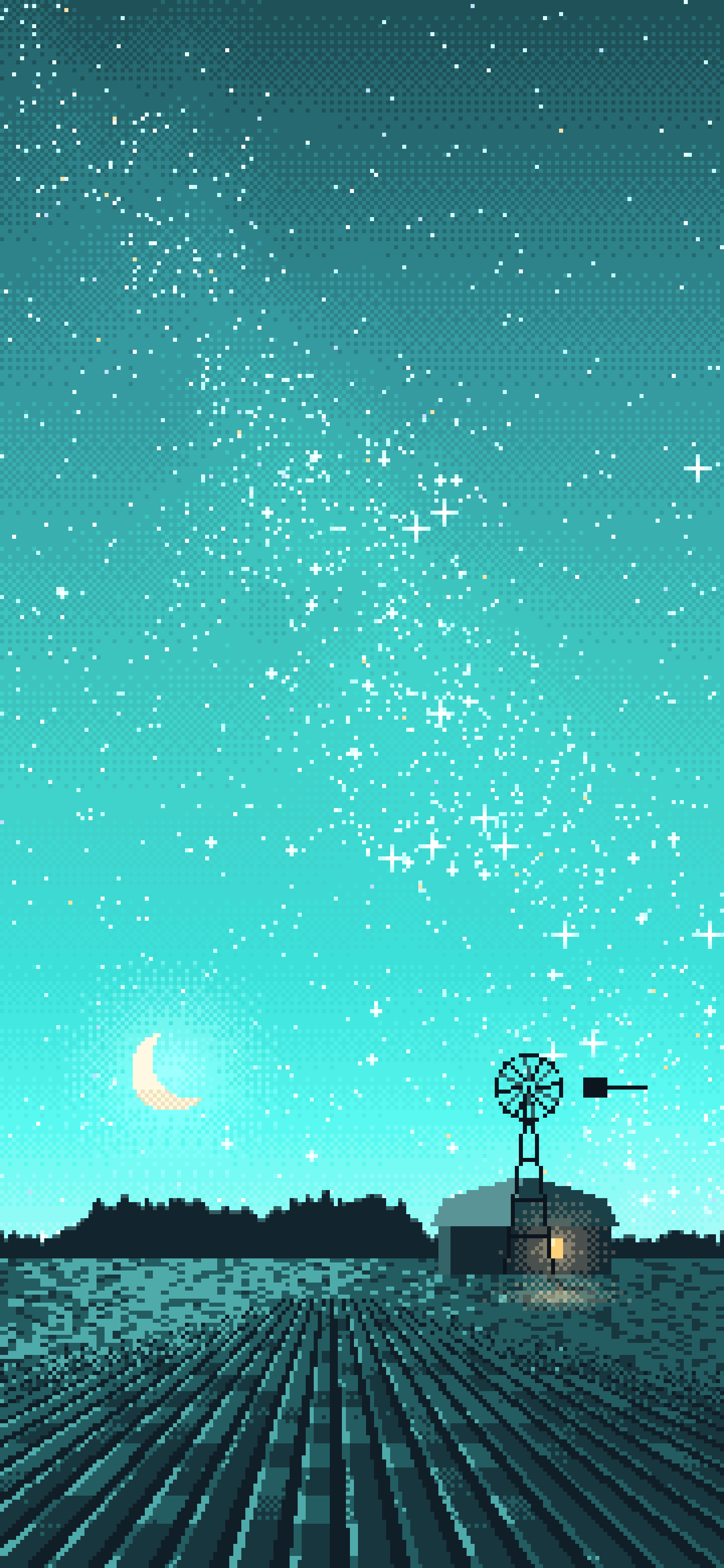 Turquoise Pixel Art Starry Night Sky Over a Field wallpaper for iPhone and Android