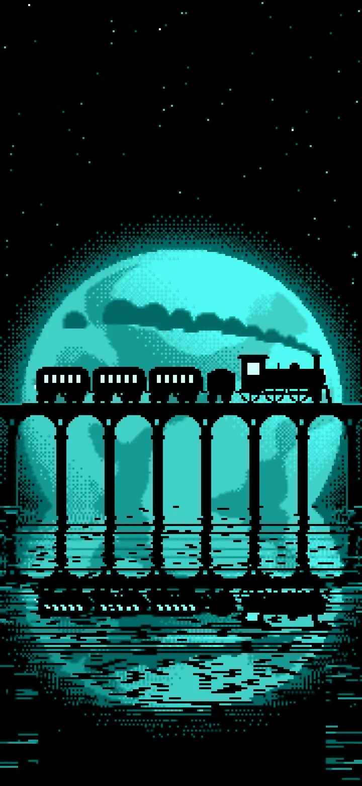 Turquoise Pixel Art Steam Train and Full Moon wallpaper for iPhone and Android