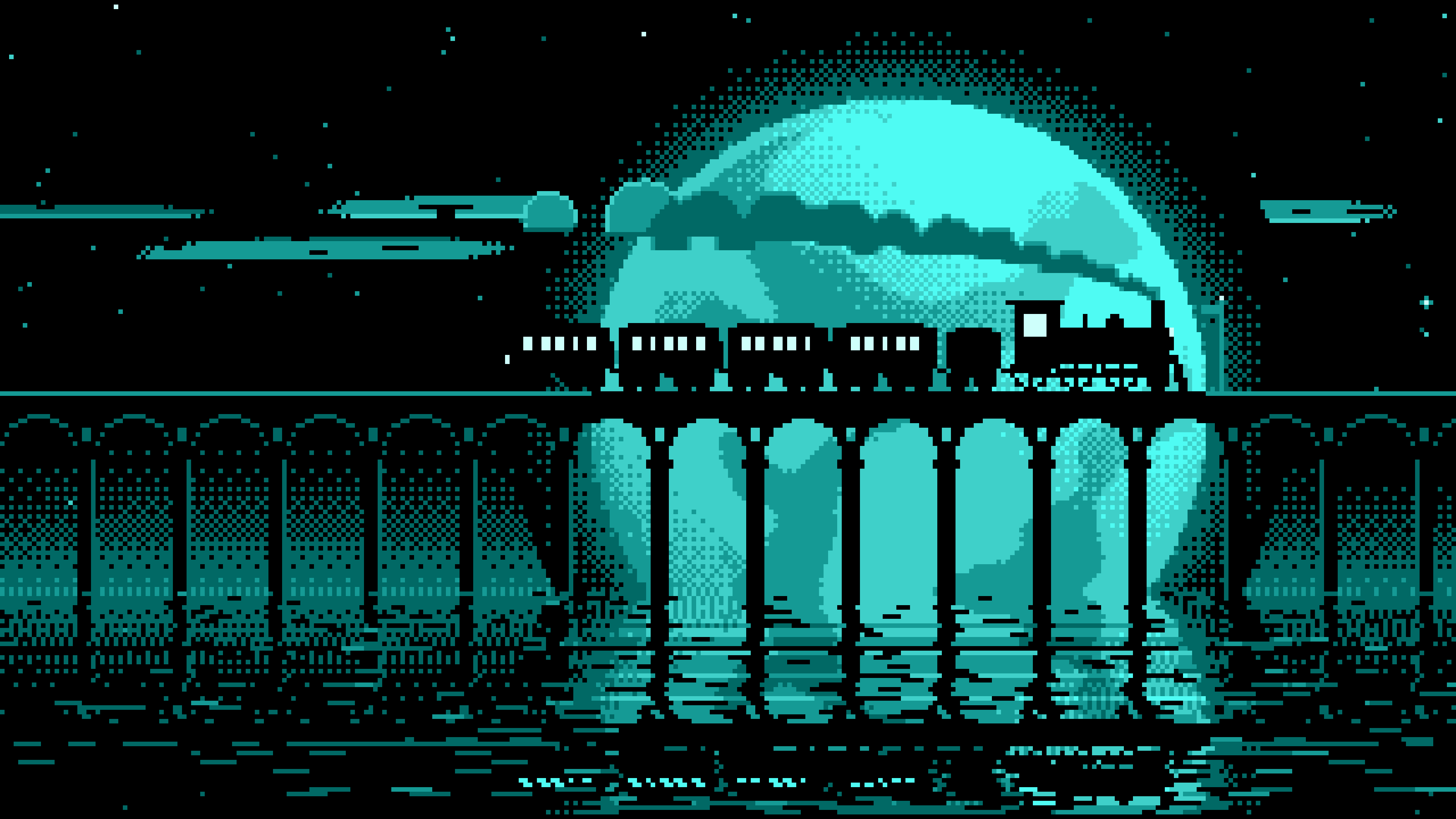 Turquoise Pixel Art Steam Train and Full Moon desktop wallpaper in 4K