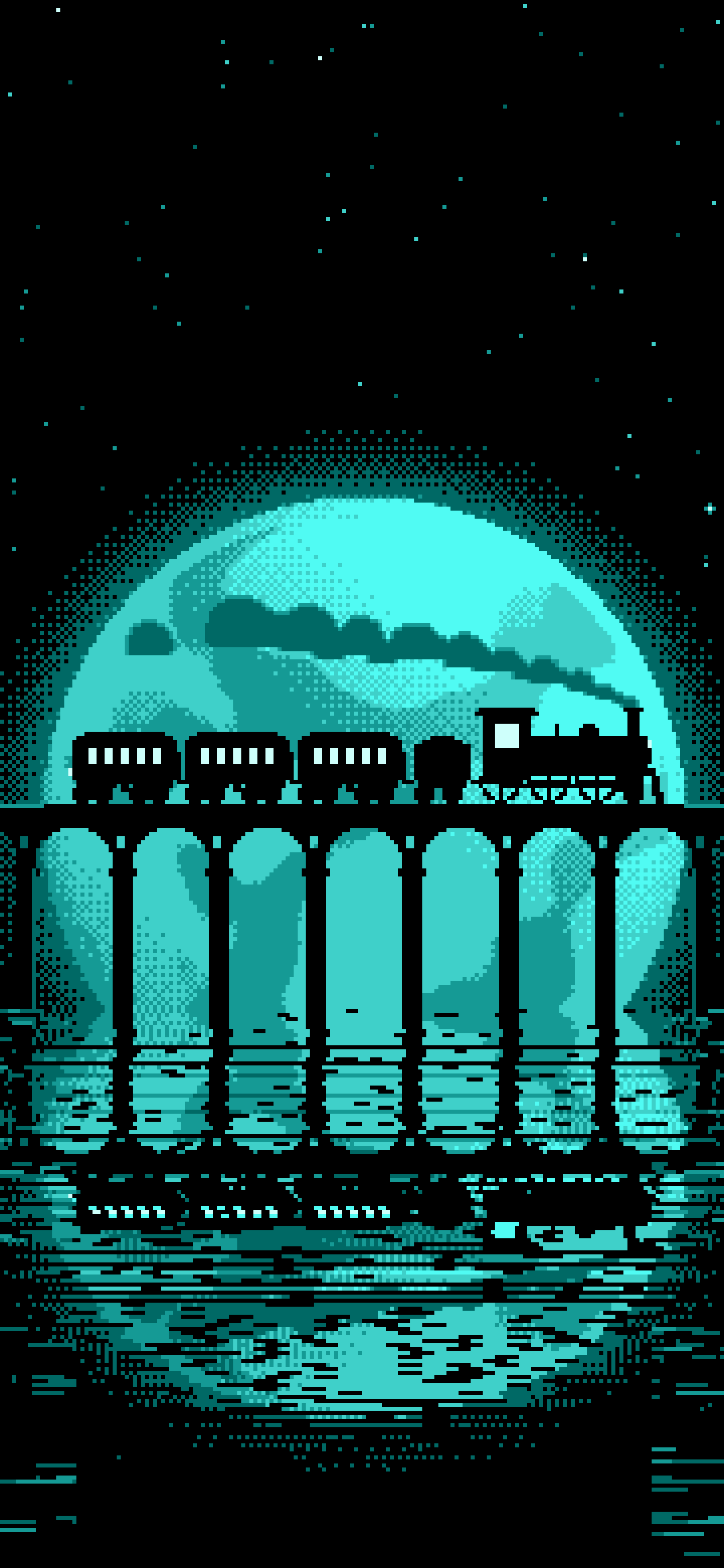 Turquoise Pixel Art Steam Train and Full Moon wallpaper for iPhone and Android