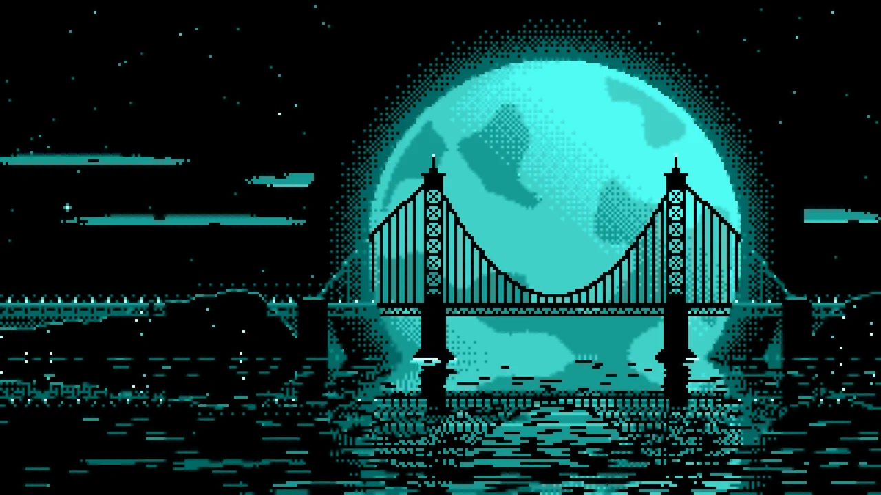 Turquoise Pixel Art Suspension Bridge and Full Moon desktop wallpaper in 4K