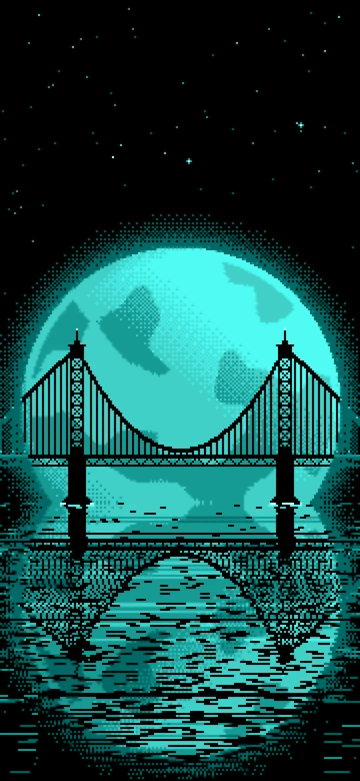 Turquoise Pixel Art Suspension Bridge and Full Moon wallpaper for iPhone and Android