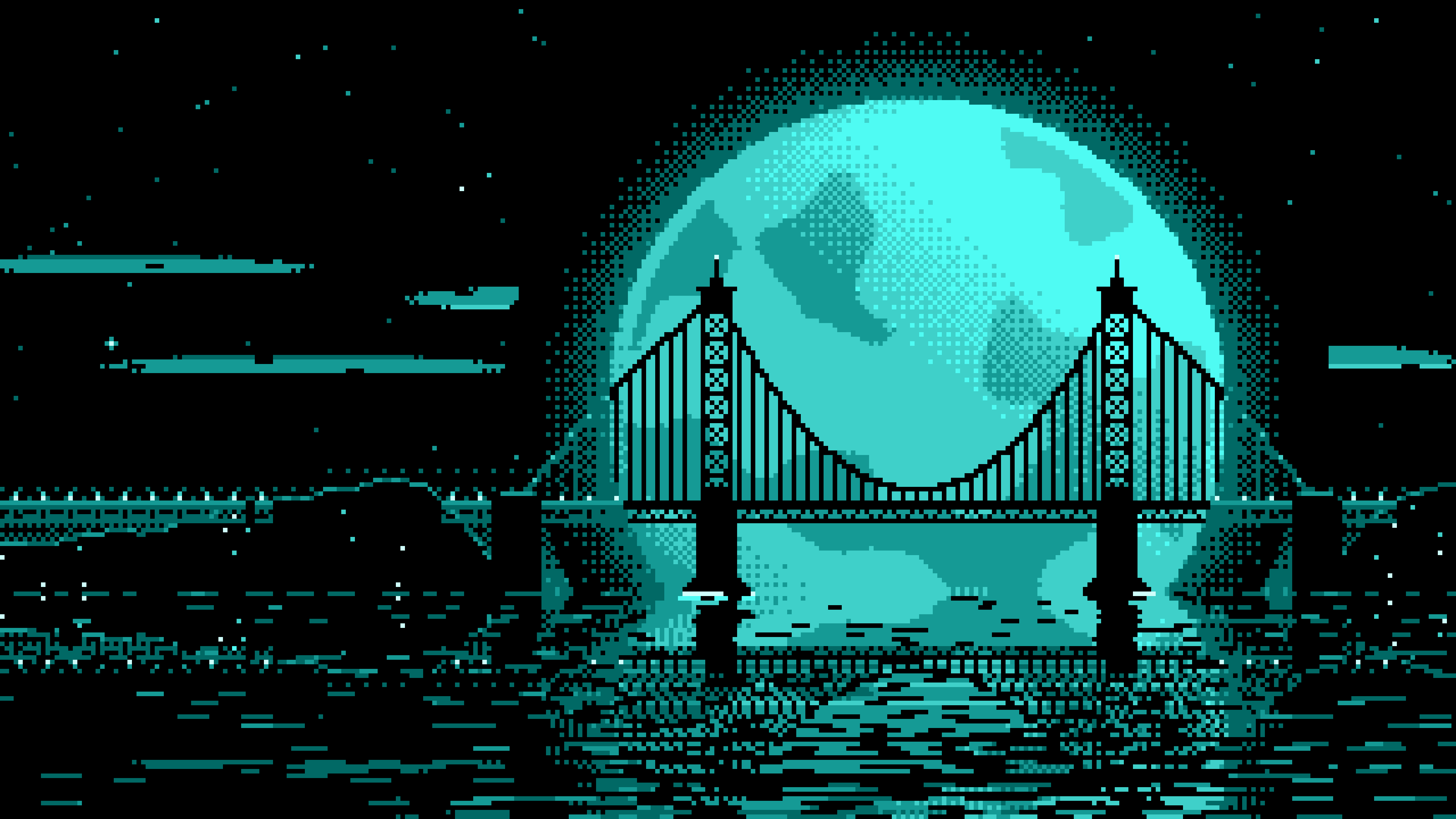 Turquoise Pixel Art Suspension Bridge and Full Moon desktop wallpaper in 4K