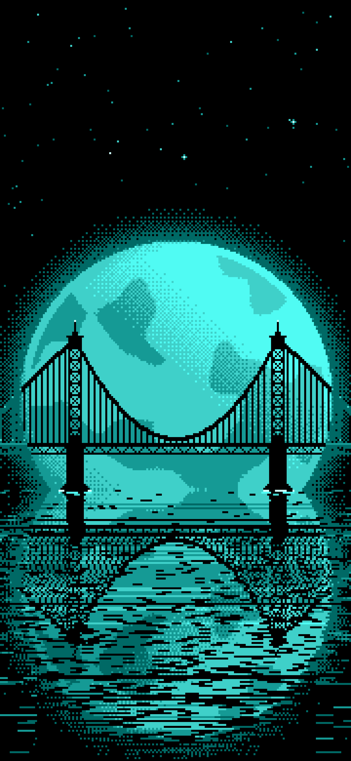 Turquoise Pixel Art Suspension Bridge and Full Moon wallpaper for iPhone and Android