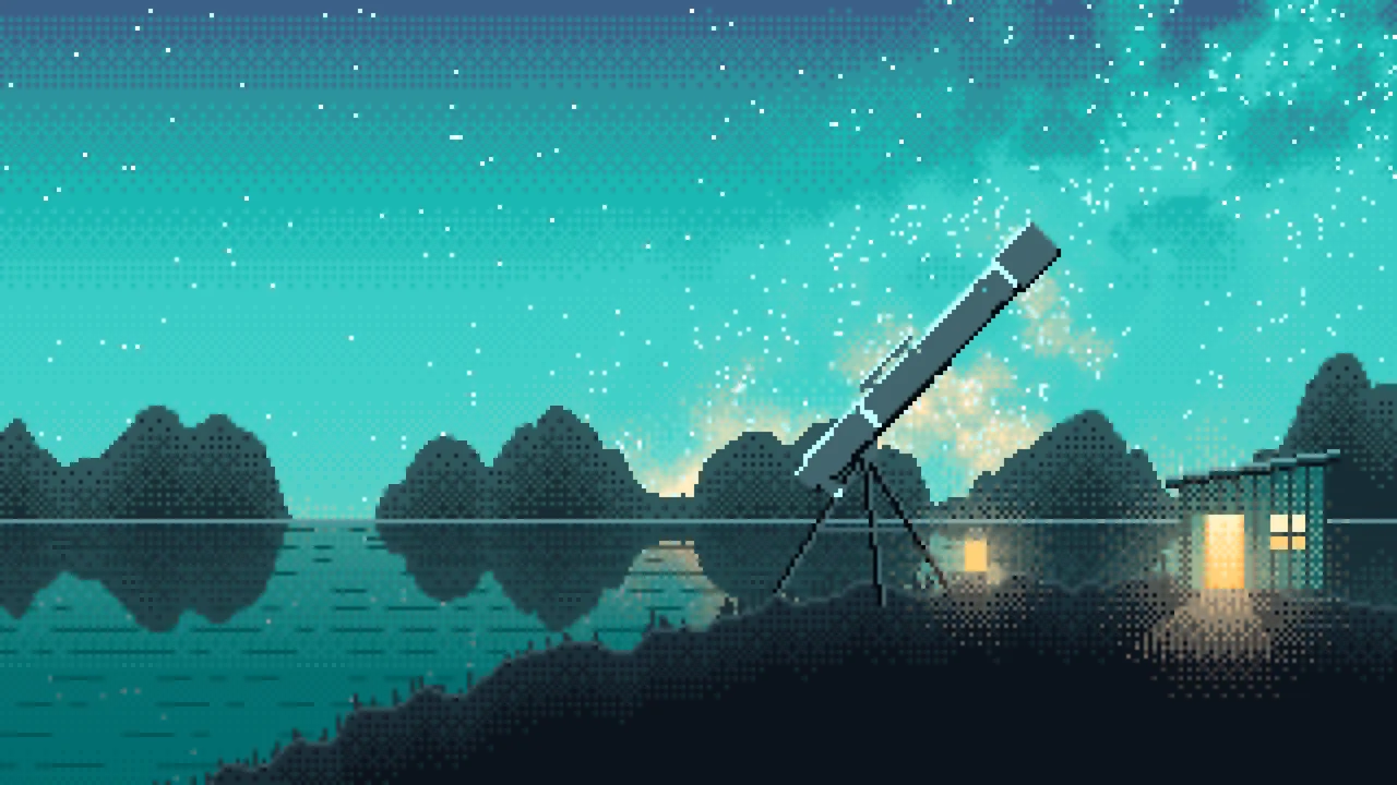 Turquoise Pixel Art Telescope Under the Milky Way desktop wallpaper in 4K