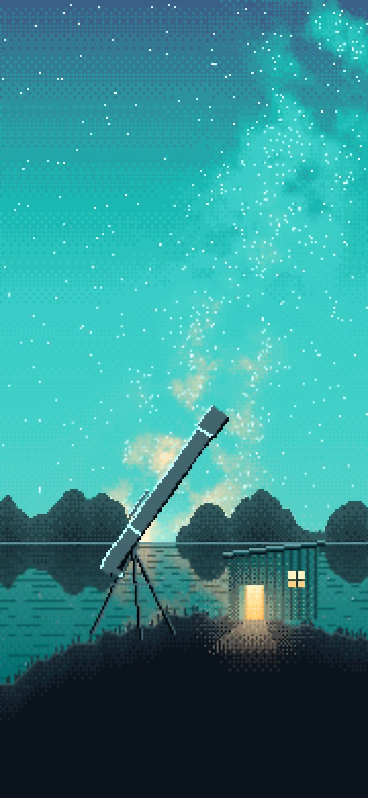 Turquoise Pixel Art Telescope Under the Milky Way wallpaper for iPhone and Android