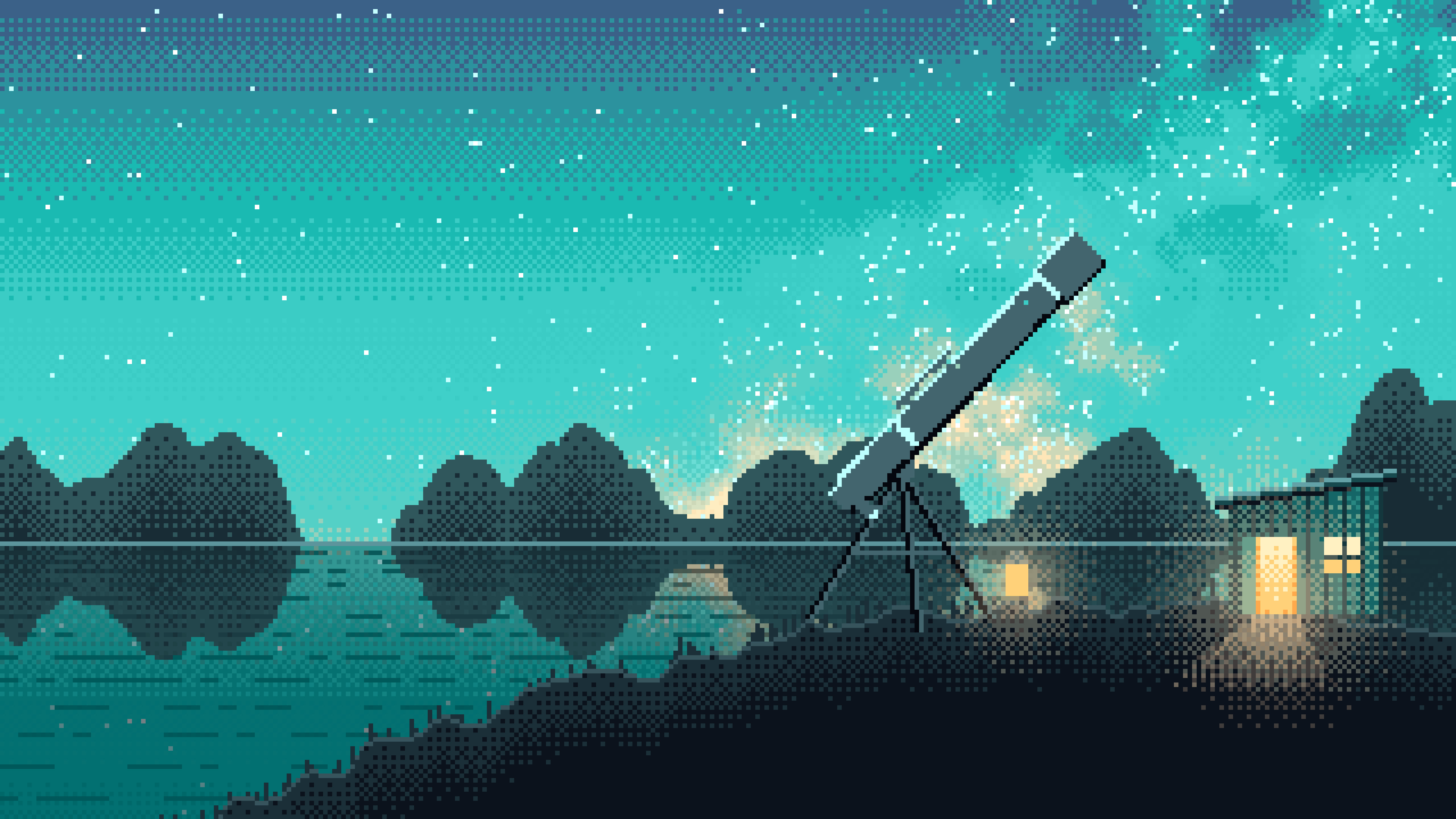 Turquoise Pixel Art Telescope Under the Milky Way desktop wallpaper in 4K