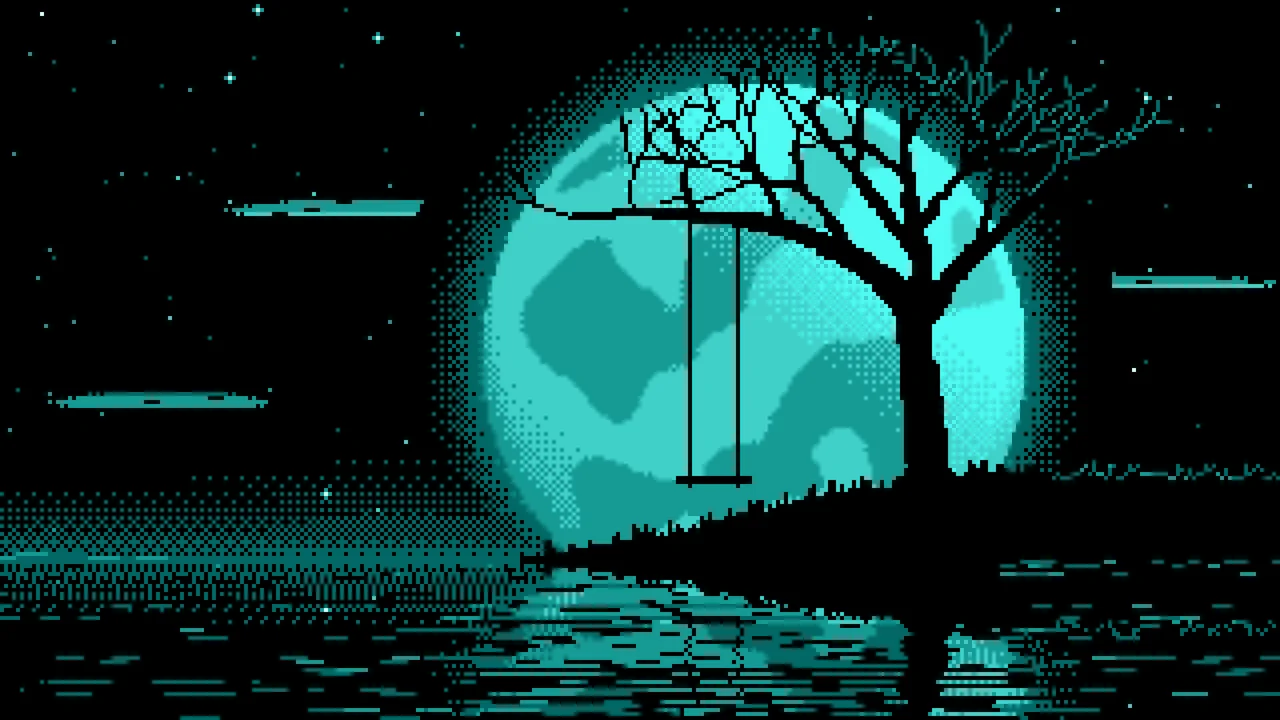 Turquoise Pixel Art Tree Swing and Full Moon desktop wallpaper in 4K