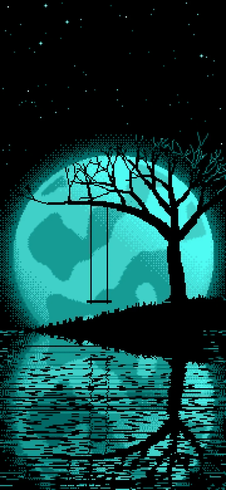 Turquoise Pixel Art Tree Swing and Full Moon wallpaper for iPhone and Android