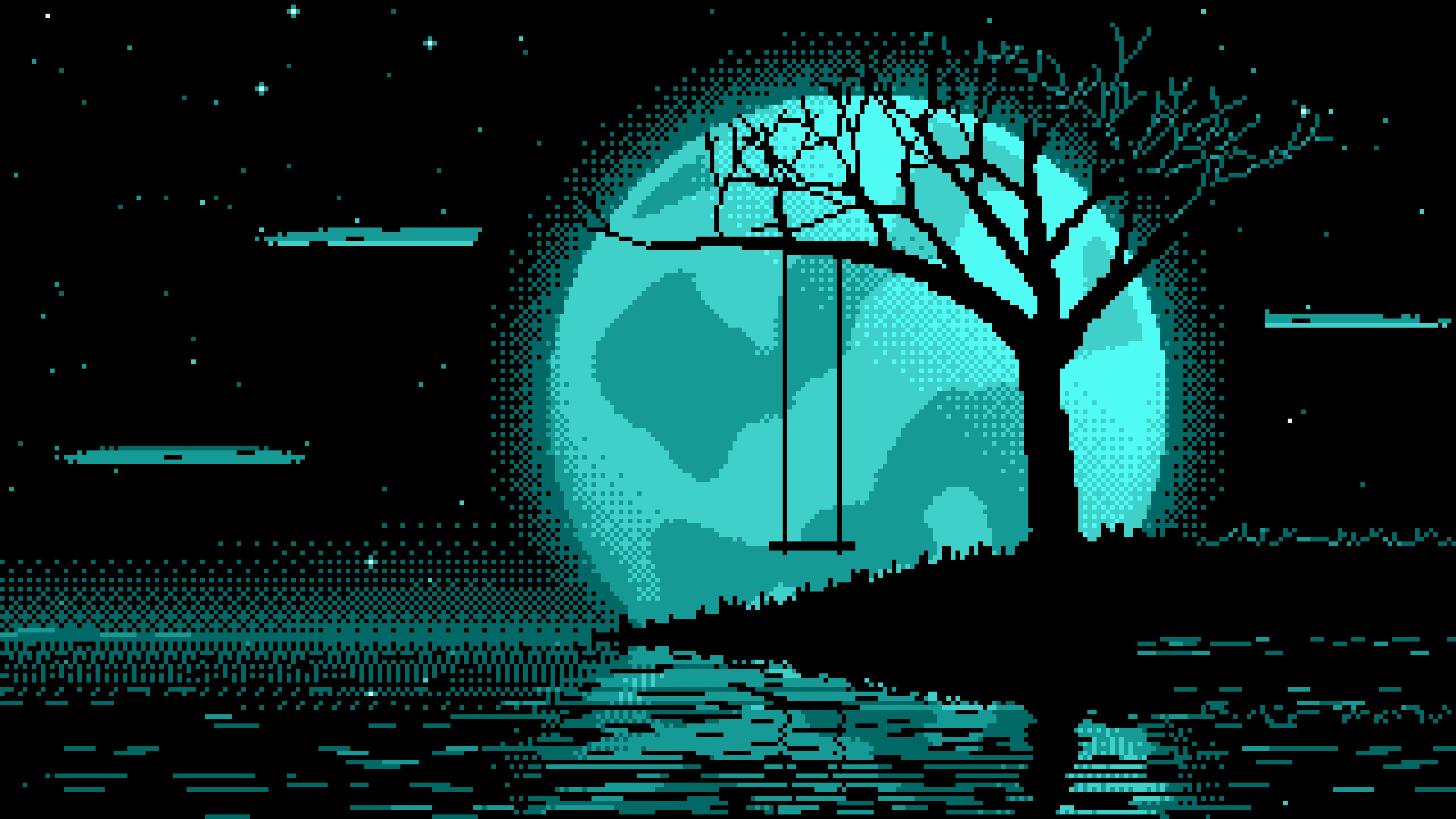 Turquoise Pixel Art Tree Swing and Full Moon desktop wallpaper in 4K