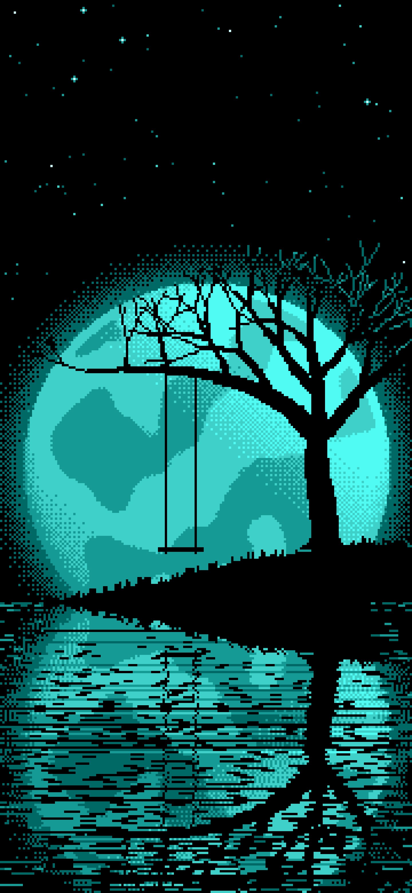 Turquoise Pixel Art Tree Swing and Full Moon wallpaper for iPhone and Android
