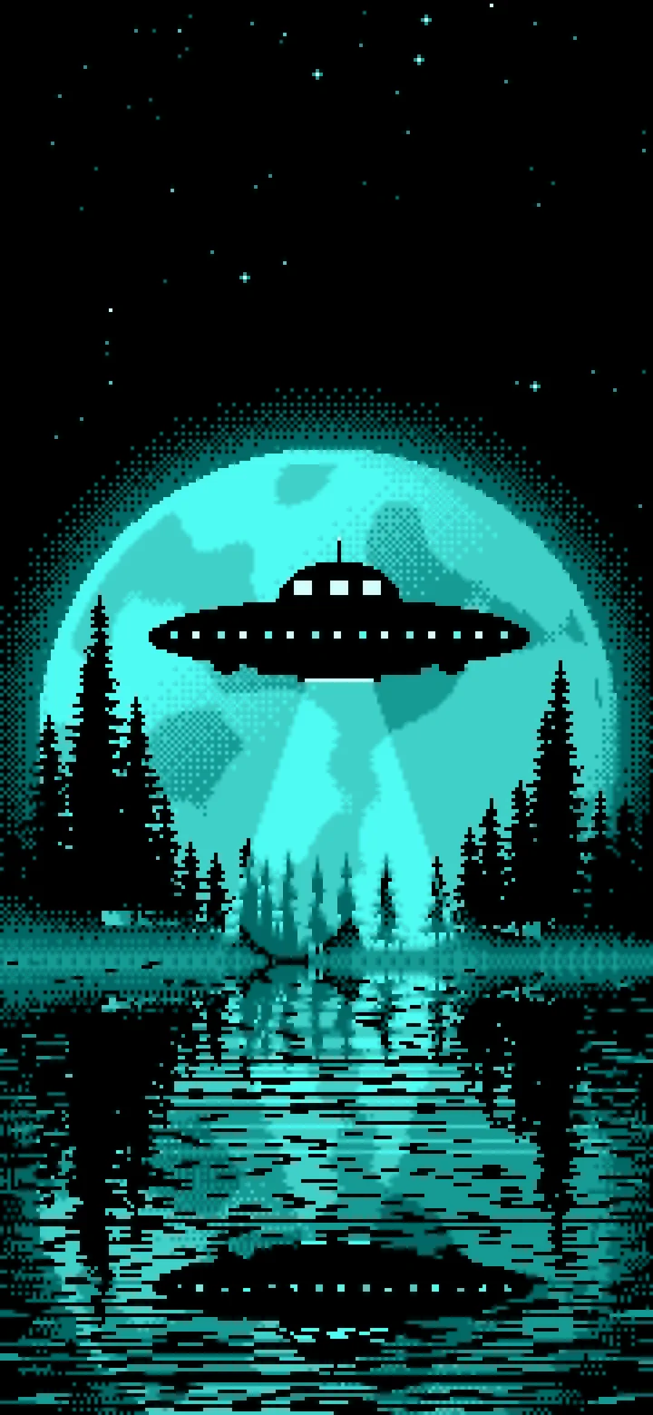Turquoise Pixel Art UFO and Full Moon wallpaper for iPhone and Android