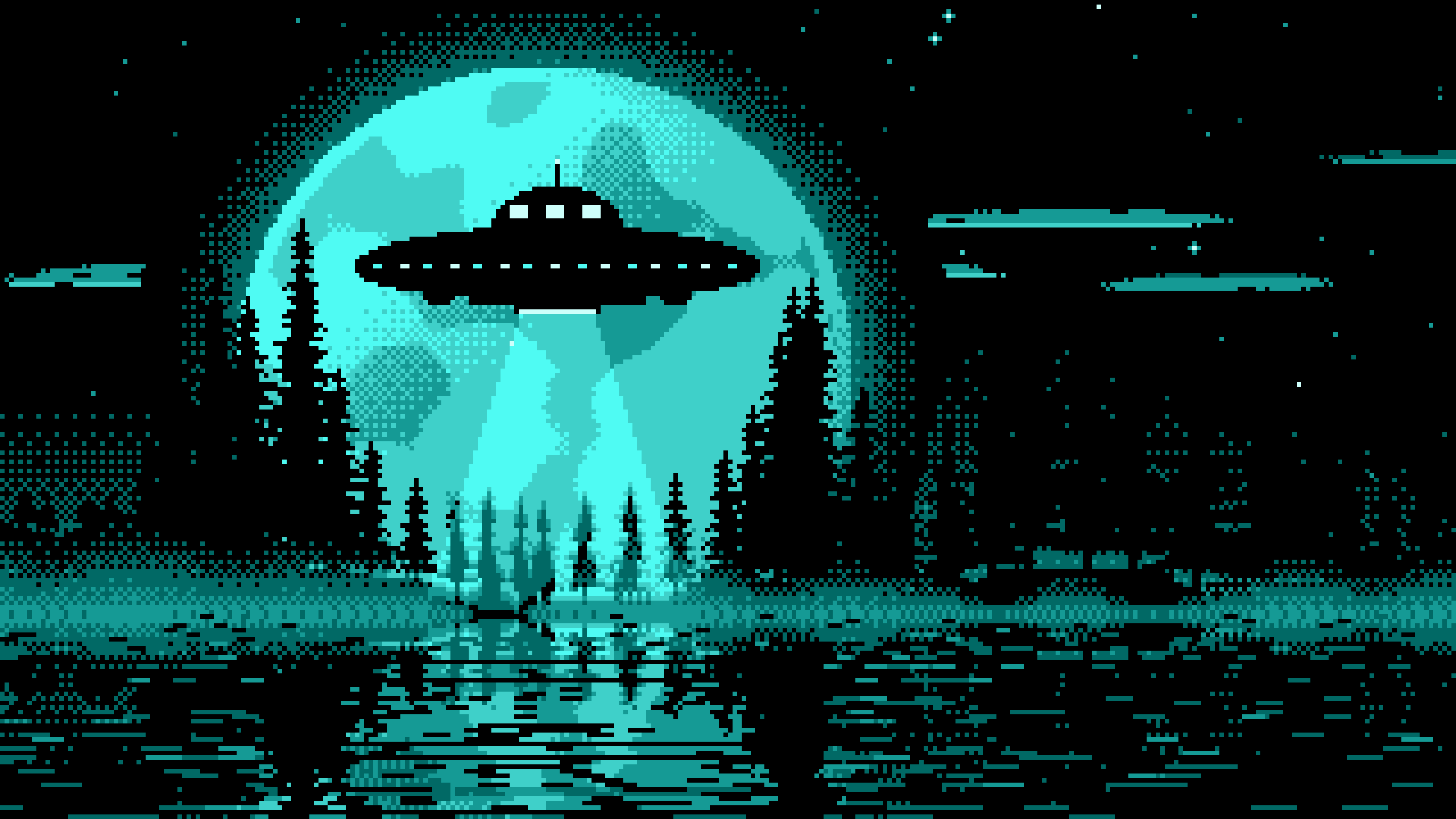 Turquoise Pixel Art UFO and Full Moon desktop wallpaper in 4K