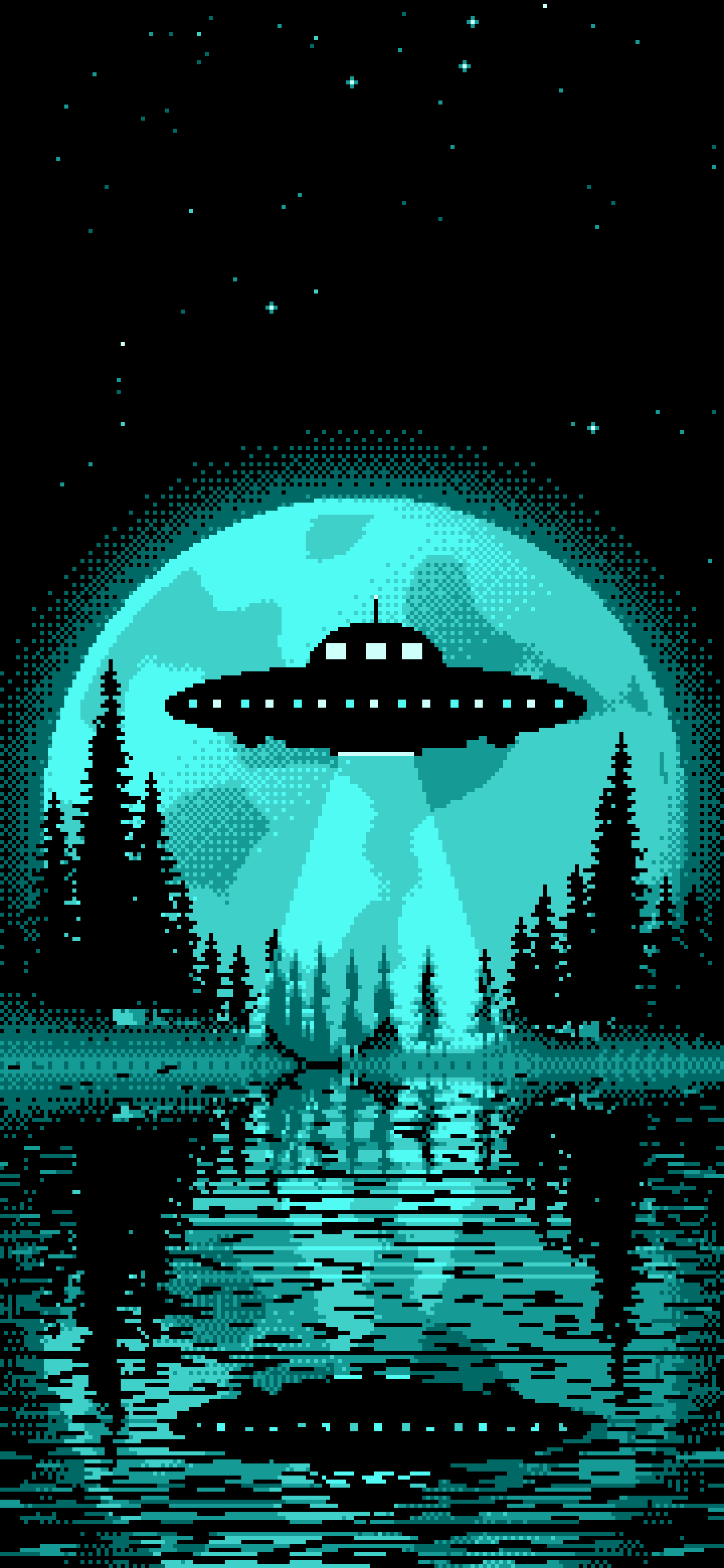 Turquoise Pixel Art UFO and Full Moon wallpaper for iPhone and Android