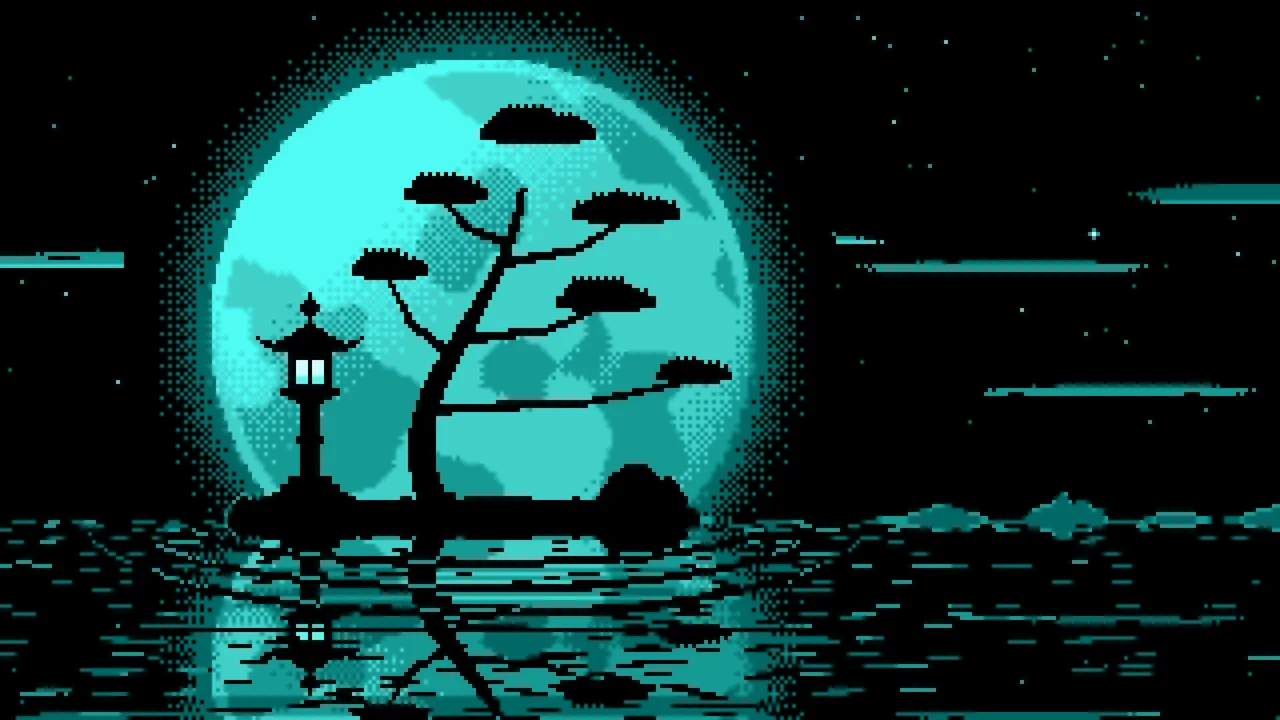 Turquoise Pixel Art Zen Stone Lantern and Full Moon desktop wallpaper in 4K