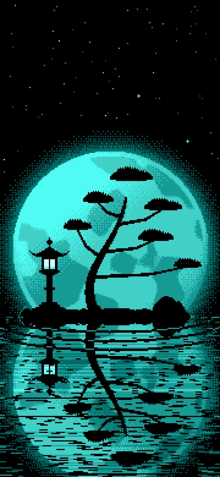 Turquoise Pixel Art Zen Stone Lantern and Full Moon wallpaper for iPhone and Android
