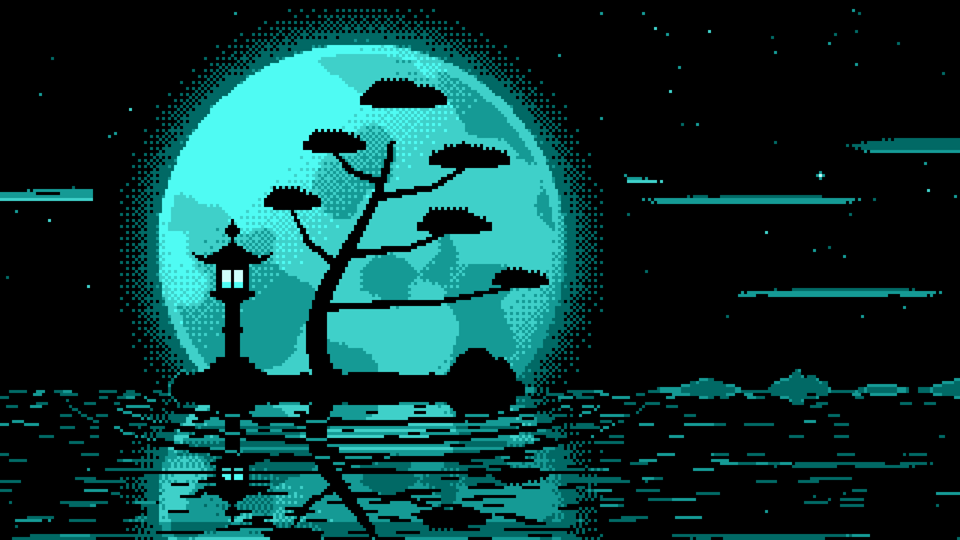 Turquoise Pixel Art Zen Stone Lantern and Full Moon desktop wallpaper in 4K