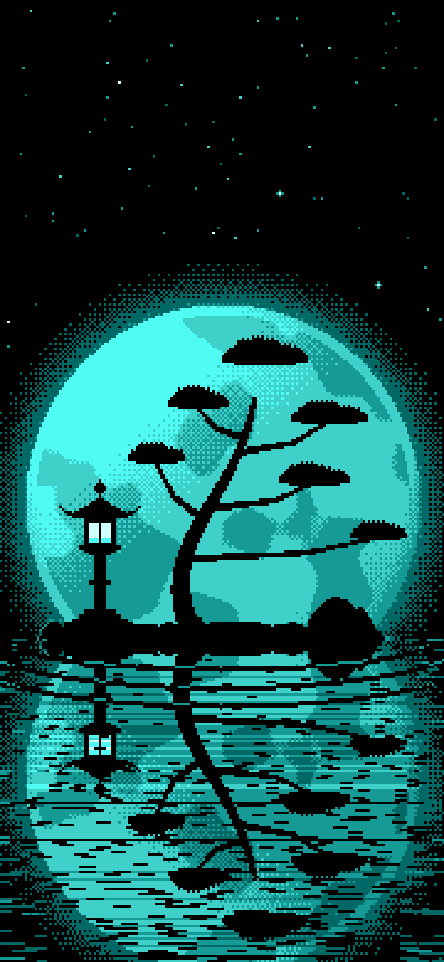 Turquoise Pixel Art Zen Stone Lantern and Full Moon wallpaper for iPhone and Android