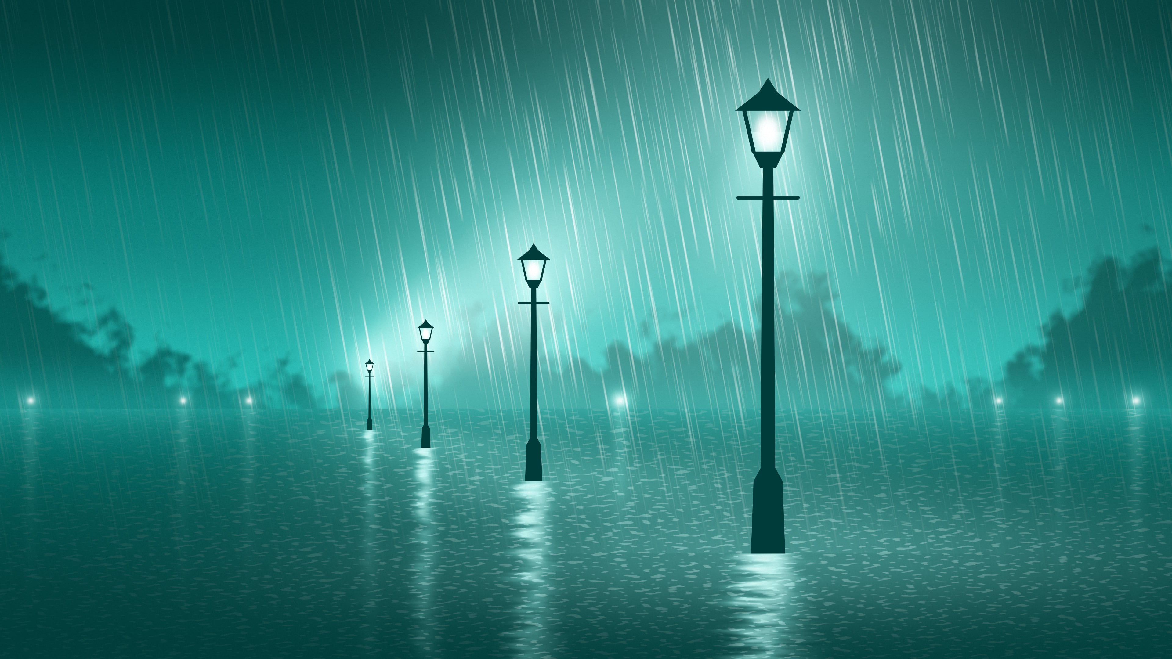 Turquoise Rainy Street Lamp desktop wallpaper in 4K