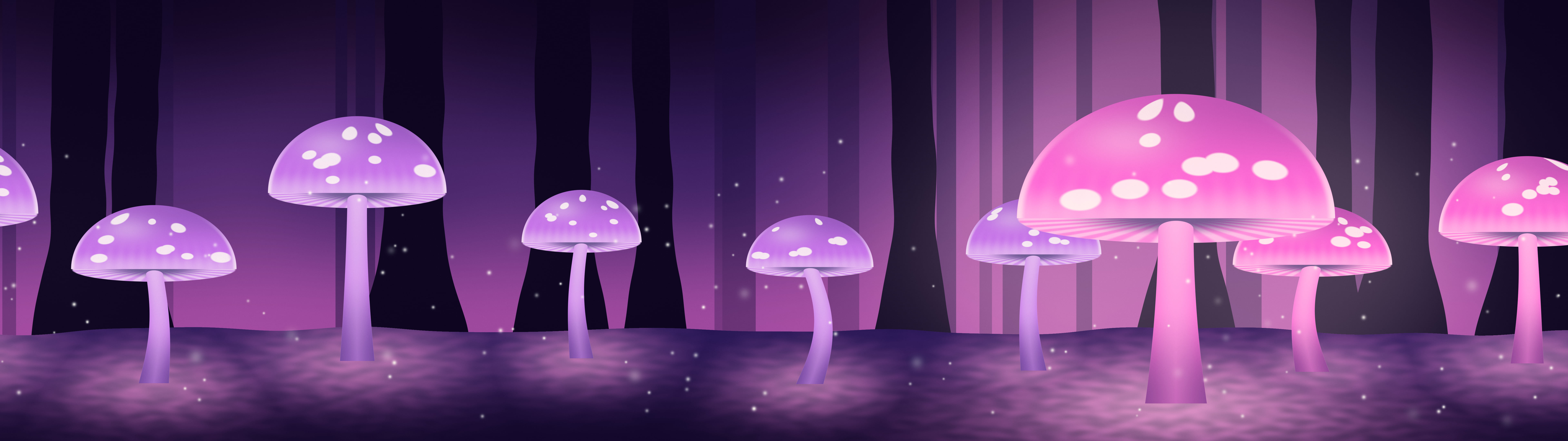 Vaporwave Glowing Mushrooms dual monitor wallpaper, 7680 × 2160