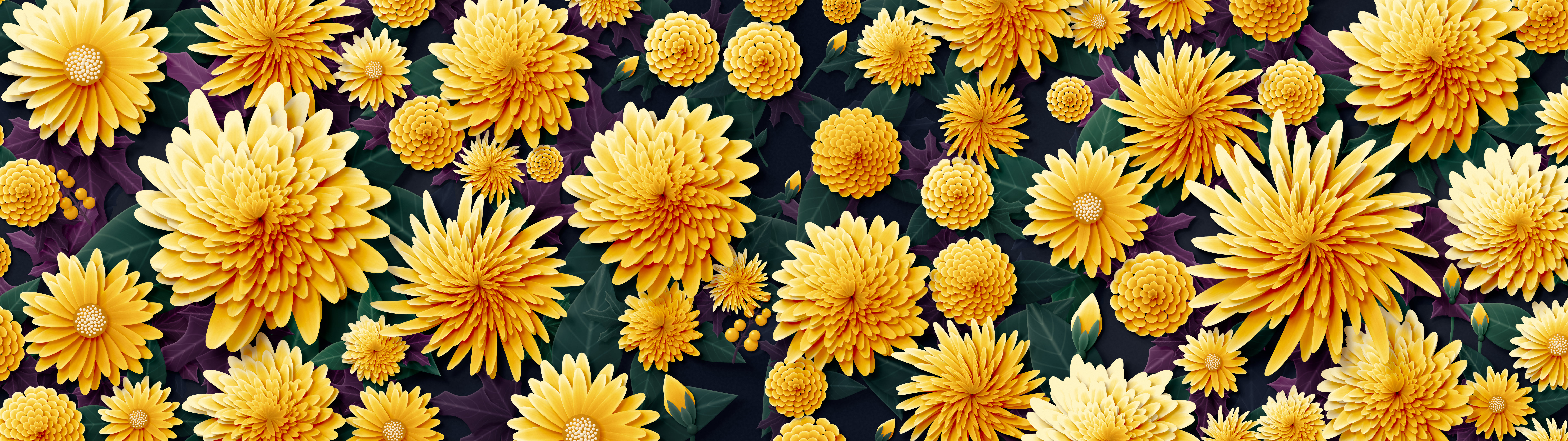 Yellow Paper Chrysanthemums dual monitor wallpaper, 7680 × 2160