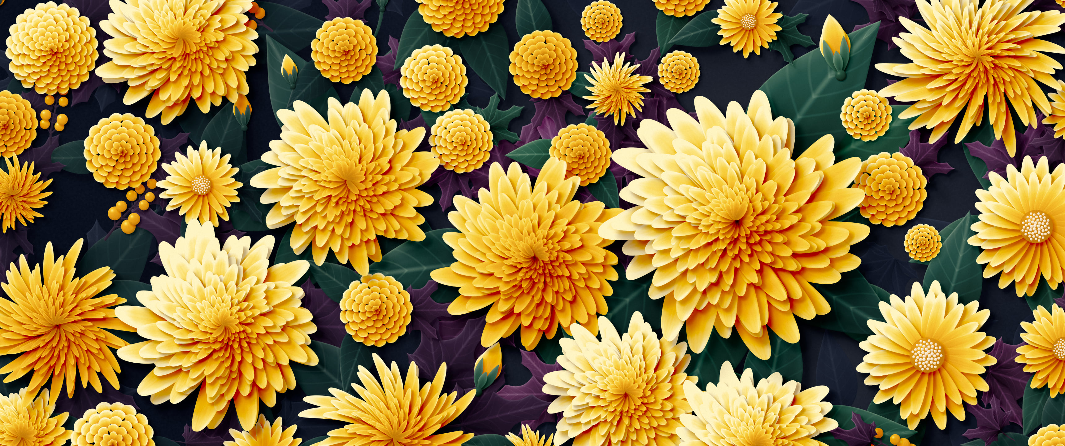Yellow Paper Chrysanthemums ultrawide wallpaper, 3440 × 1440