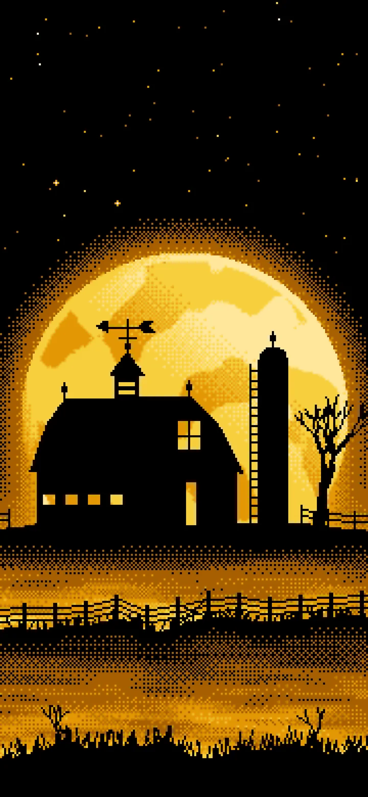 Yellow Pixel Art Barn and Harvest Moon wallpaper for iPhone and Android