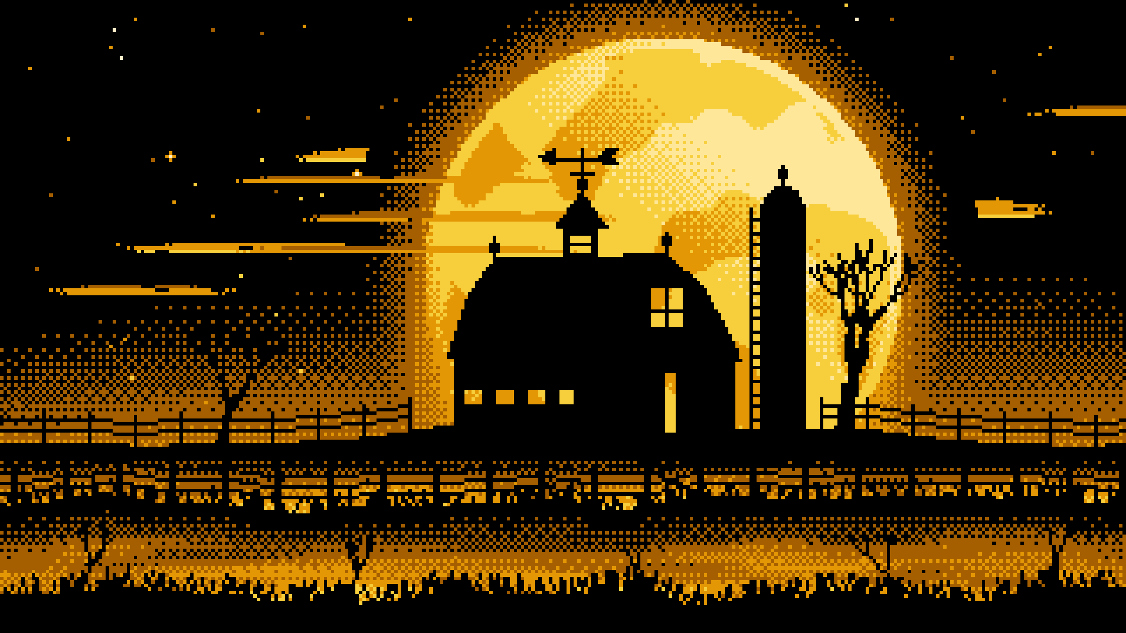 Yellow Pixel Art Barn and Harvest Moon desktop wallpaper in 4K
