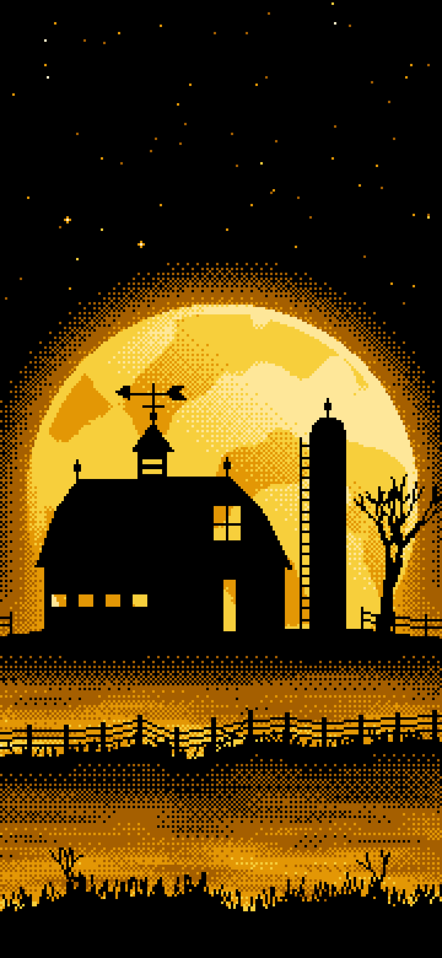 Yellow Pixel Art Barn and Harvest Moon wallpaper for iPhone and Android