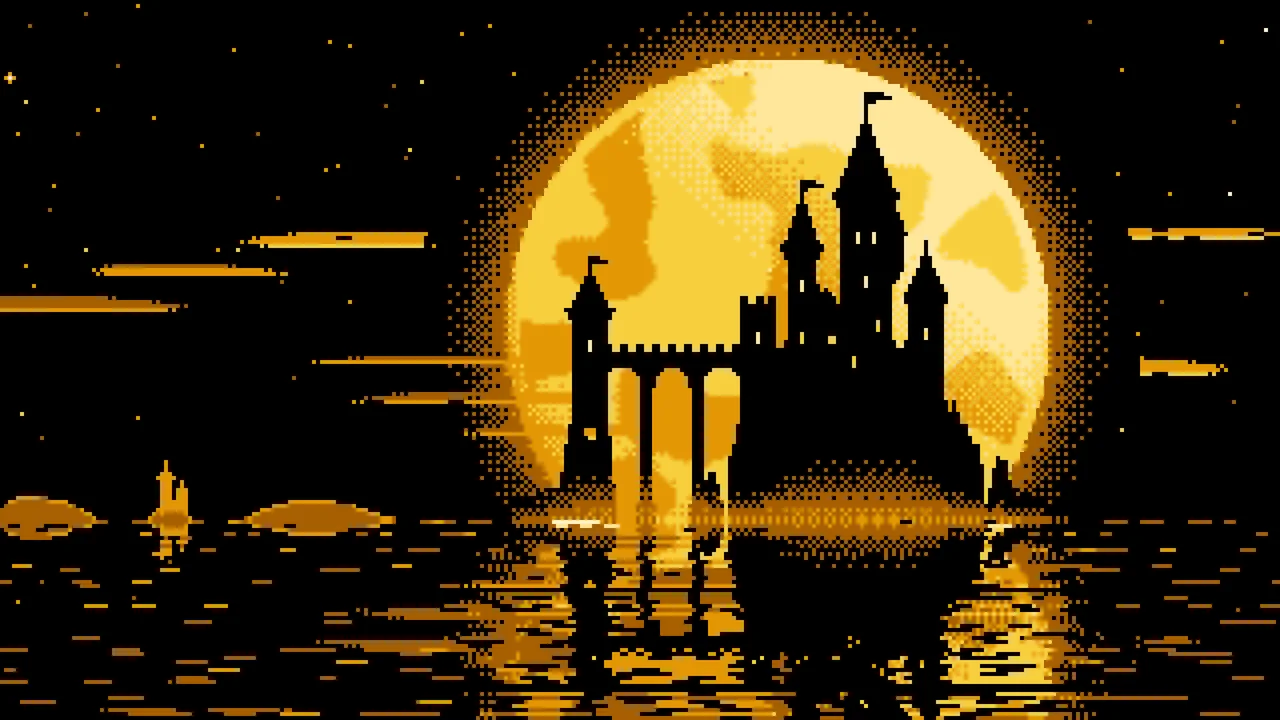 Yellow Pixel Art Castle and Full Moon desktop wallpaper in 4K